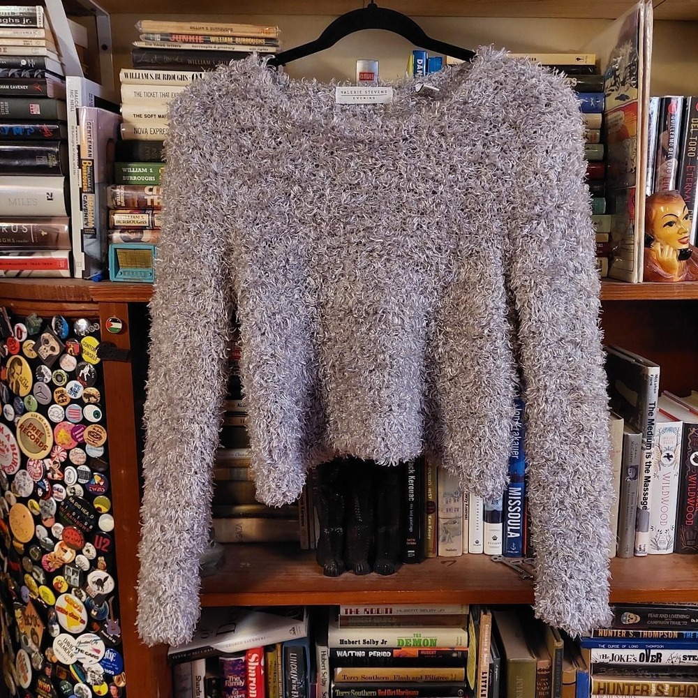Vintage grey fluffy long crop‎ sweater, it is a very loose weave, pictured.